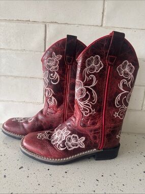 Shyanne Girl’s Little LASY Western Red Leather Boots Square Toe Pull-On Size 1
